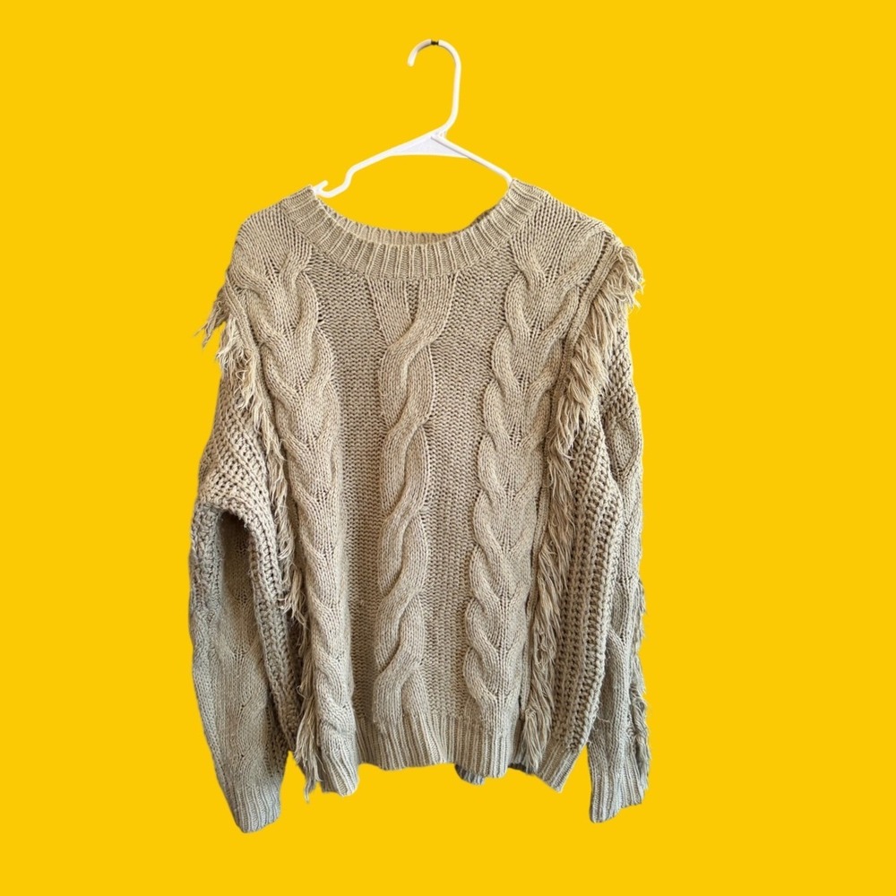 ANDTHEWHY Sage Green Cable Knit Fringe Sweater Womens SM Oversized‎ Boho Street